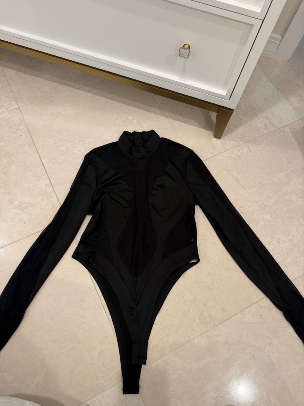 Black Long Sleeve Mesh Cut-Out High Neck Bodysuit
